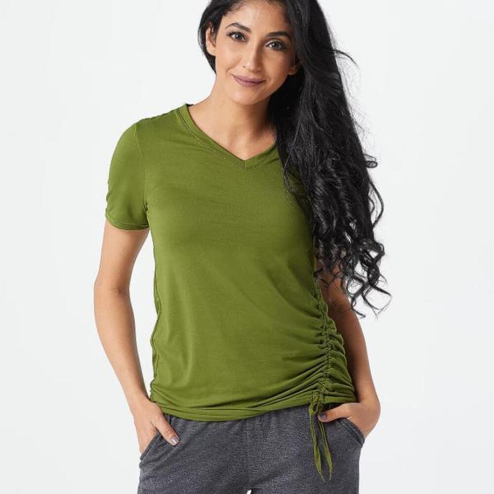 Cuddl Duds Flexwear V-Neck Tee with Side Tie Vibrant Olive - Regular - Picture 2 of 4